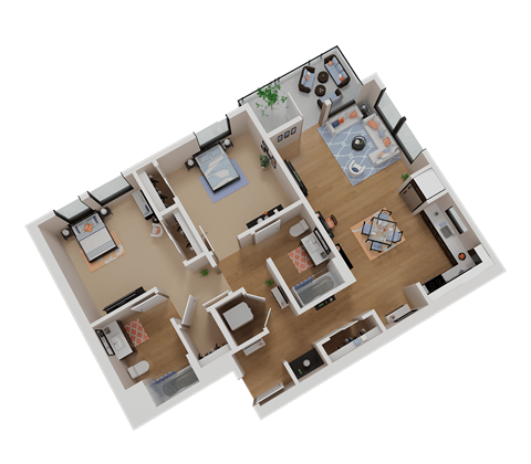 Floor plan for 2 beds, 2 baths, 1036 sqft